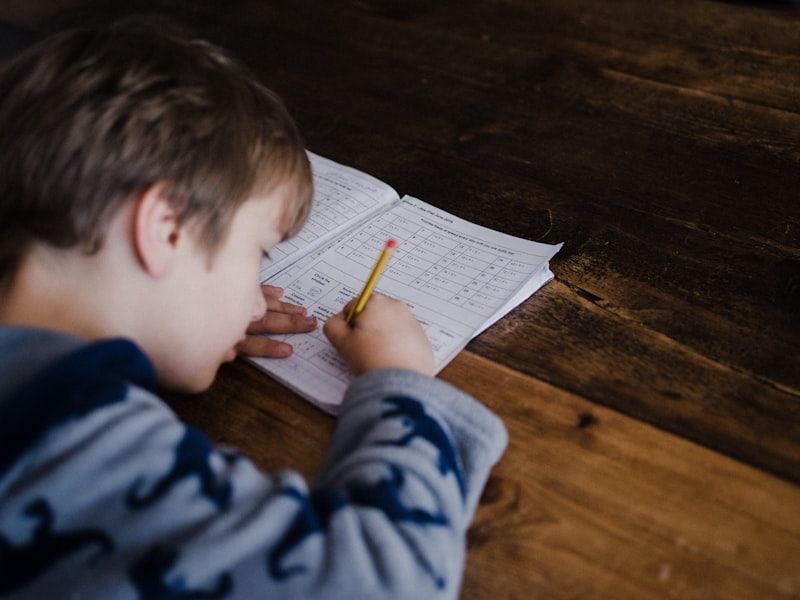 A young student working through homework at a study table at home